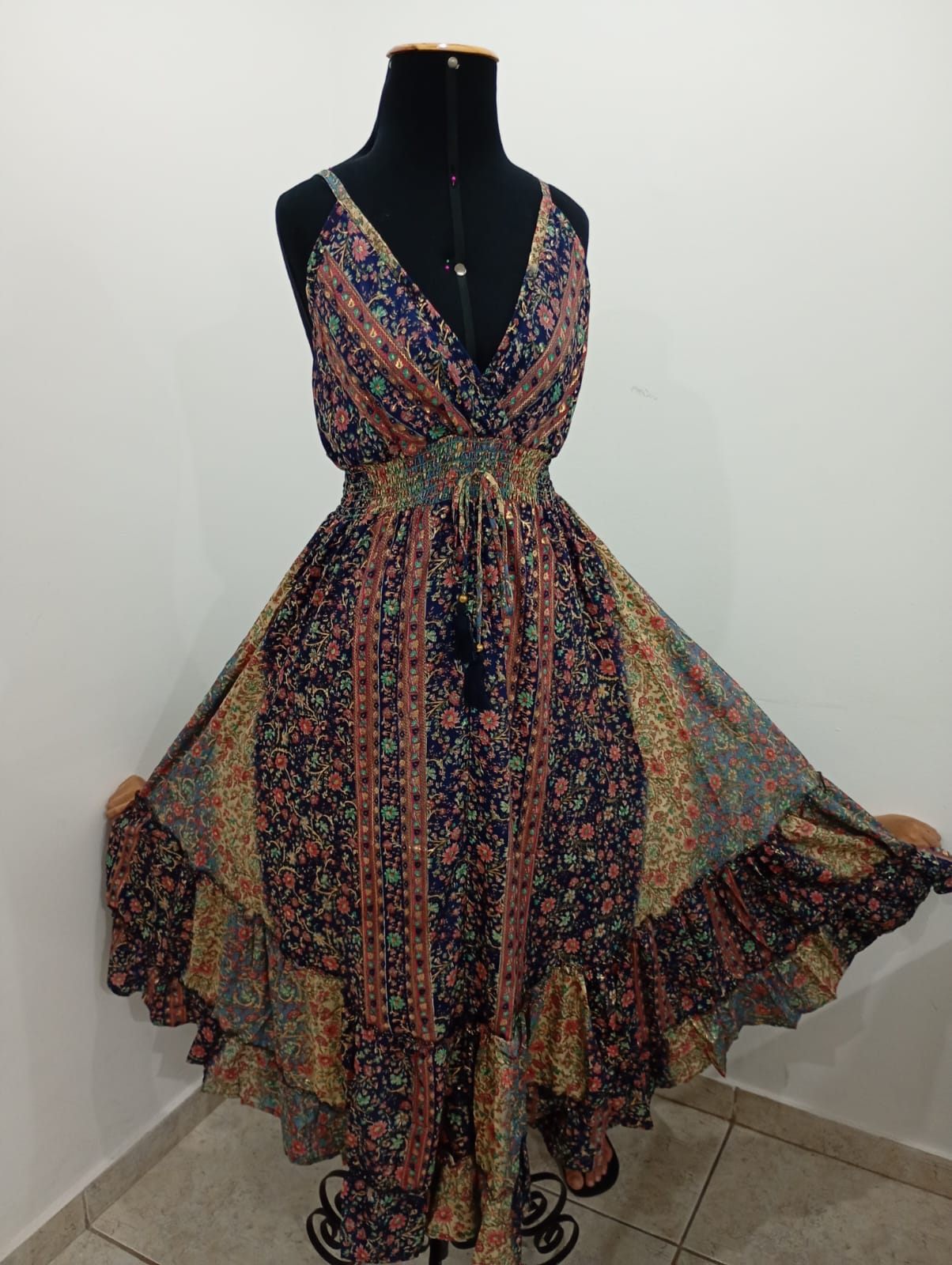 Vestido Indiando de Alça de Viscose Mista